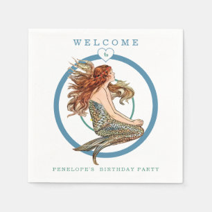 Blue Coral Peach Schattig Zeemeermin Verjaardagsfe Servet