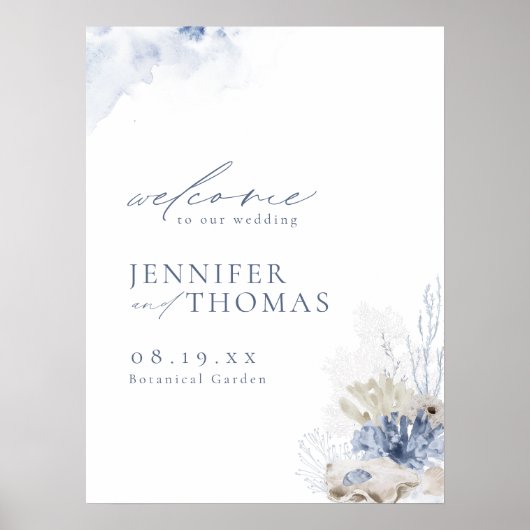 Blue Coral & Seashells Beach Weddenschap Poster (Voorkant)