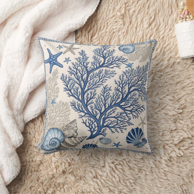 Blue Coral Sierkussen – Coastal Ocean Pattern (Deken)
