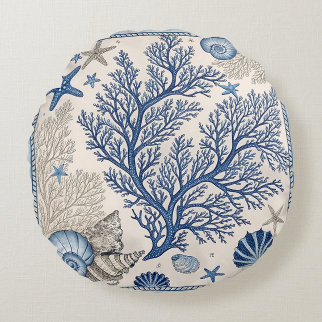 Blue Coral Sierkussen – Coastal Ocean Pattern Rond Kussen (Voorkant)