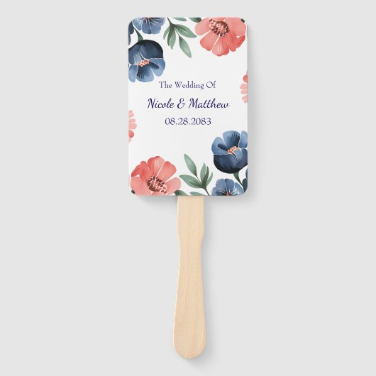 Blue & Coral Waterverf Boeket bruiloft Handwaaier (Voorkant)