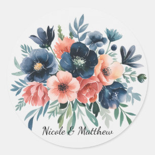 Blue & Coral Waterverf Boeket bruiloft Ronde Sticker