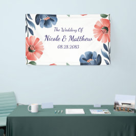Blue & Coral Waterverf Boeket bruiloft Spandoek