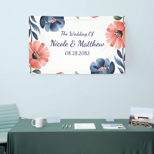 Blue & Coral Waterverf Boeket bruiloft Spandoek (Beurs)