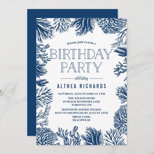 Blue Corals Lijst Summer Birthday Party Invitation Kaart (Voorkant / Achterkant)