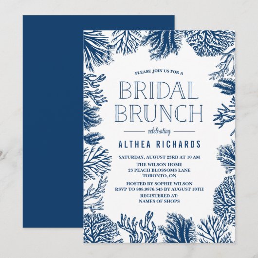 Blue Corals Lijst Summer Bridal Brunch Invitation Kaart (Voorkant / Achterkant)