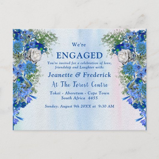 Blue Corn Flowers & White Roses Verloving Uitnodiging Briefkaart (Voorkant)