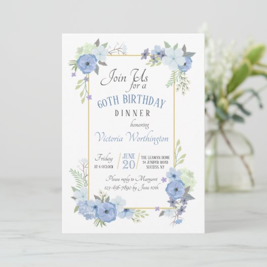 Blue Corner Flowers Uitnodiging (Staand voorkant)