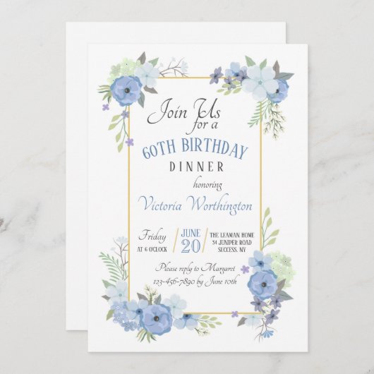 Blue Corner Flowers Uitnodiging (Voorkant / Achterkant)