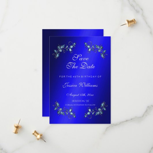Blue Corner Gem Floral Jewels Birthday Save The Date (Voorkant / Achterkant in situ)