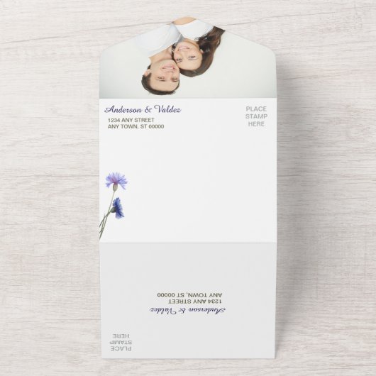 Blue Cornflower Photo Wedding All In One Uitnodiging (Buitenkant)