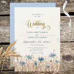Blue Cornflower & Wheat Field Wedding Invitation Kaart<br><div class="desc">Zachte blauwe cornbloemen die bloeien in een zacht bruin veld maken deze eenvoudige trouwuitnodiging uniek. Je kunt bijna het zachte briesje voelen dat de grassen beweegt. Eenvoudig, maar elegant; de aardtonen en zacht blauw zijn de perfecte combinatie. De achterkant van de kaart draagt het veldthema op een heldere blauwe hemel....</div>