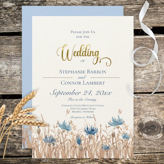 Blue Cornflower & Wheat Field Wedding Invitation Kaart