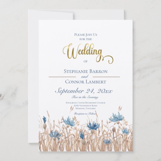Blue Cornflower & Wheat Field Wedding Invitation Kaart (Voorkant)