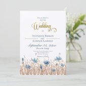 Blue Cornflower & Wheat Field Wedding Invitation Kaart (Staand voorkant)