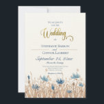 Blue Cornflower & Wheat Field Wedding Invitation Kaart<br><div class="desc">Zachte blauwe cornbloemen die bloeien in een zacht bruin veld maken deze eenvoudige trouwuitnodiging uniek. Je kunt bijna het zachte briesje voelen dat de grassen beweegt. Eenvoudig, maar elegant; de aardtonen en zacht blauw zijn de perfecte combinatie. De achterkant van de kaart draagt het veldthema op een heldere blauwe hemel....</div>