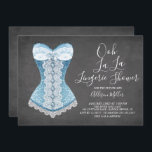 Blue Corset Lingerie Bridal Shower-uitnodiging Kaart<br><div class="desc">Ooh La La Lingerie Bridal Shower Uitnodiging met een gele blauwe en witte corset op een populaire chalkboardachtergrond met een coördinerende achterzijde</div>
