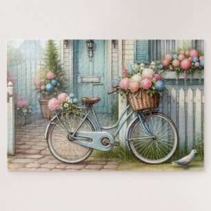 Blue Cottage Bike met Spring Flower Basket Legpuzzel