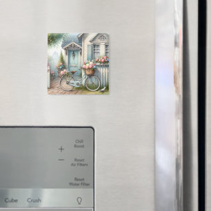 Blue Cottage Bike met Spring Flower Basket Magneet