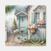 Blue Cottage Bike met Spring Flower Basket Magneet (Voorkant)