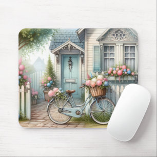 Blue Cottage Bike met Spring Flower Basket Muismat