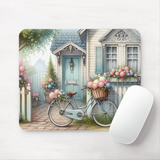 Blue Cottage Bike met Spring Flower Basket Muismat (Met muis)