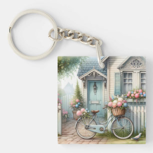 Blue Cottage Bike met Spring Flower Basket Sleutelhanger