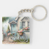 Blue Cottage Bike met Spring Flower Basket Sleutelhanger (Achterkant)