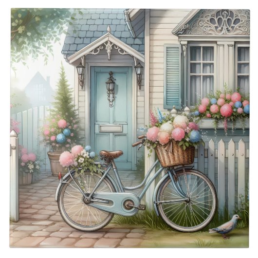 Blue Cottage Bike met Spring Flower Basket Tegeltje (Voorkant)