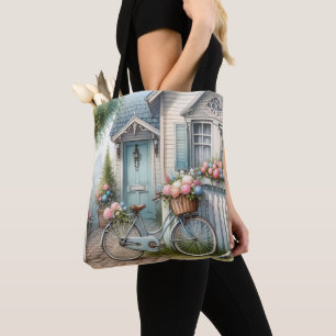 Blue Cottage Bike met Spring Flower Basket Tote Bag