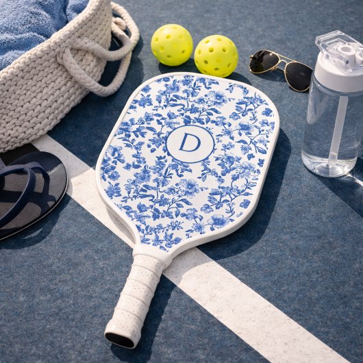 Blue Country Floral Monogram  Pickleball Paddle