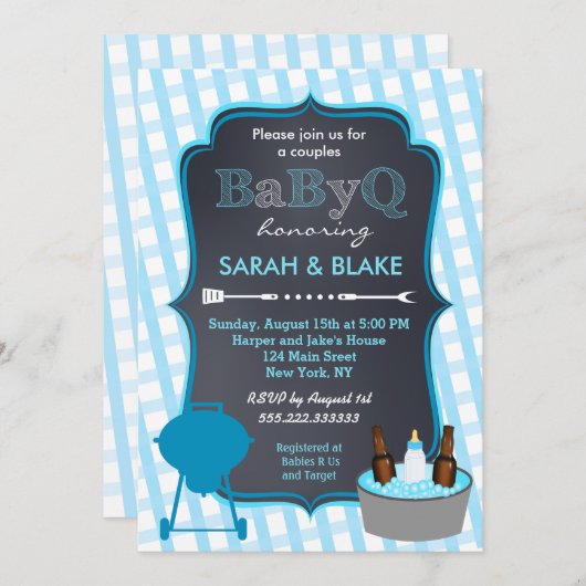 Blue Couples Baby shower BBQ Uitnodiging (Voorkant / Achterkant)