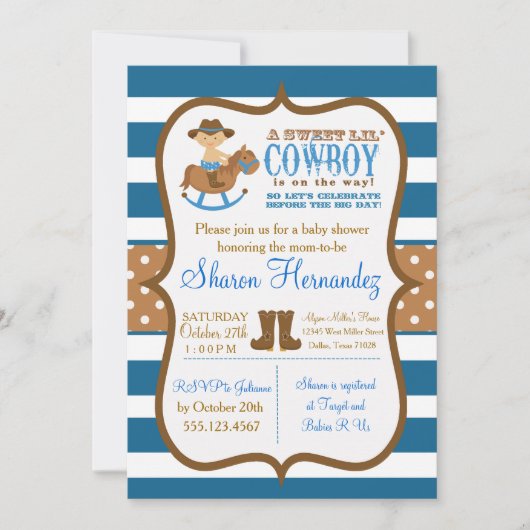 Blue Cowboy Baby Shower Uitnodiging Striped (Voorkant)