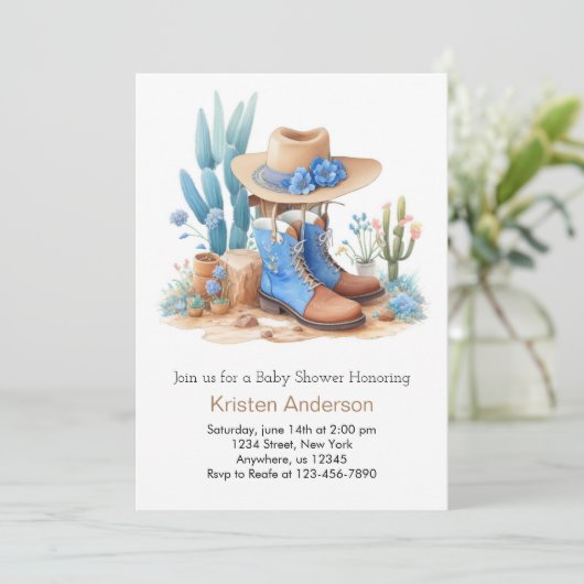 Blue Cowboy Boots Waterverf Baby shower Kaart (Staand voorkant)