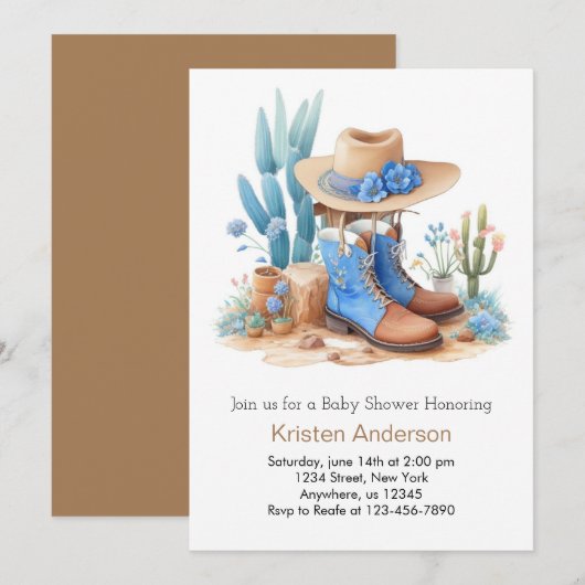 Blue Cowboy Boots Waterverf Baby shower Kaart (Voorkant / Achterkant)
