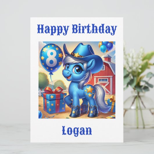 Blue Cowboy Pony 8-jarige Kaart (Staand voorkant)