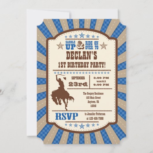 Blue Cowboy Rodeo Birthday Party Invitation Kaart (Voorkant)
