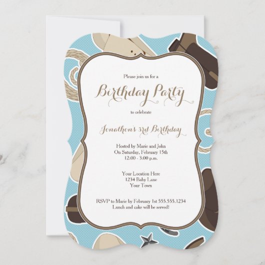 Blue Cowboy Theme Birthday Party Invitation Kaart (Voorkant)