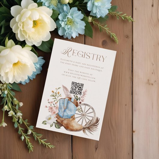 Blue Cowboyl Boot QR Code Registry Baby shower Informatiekaartje