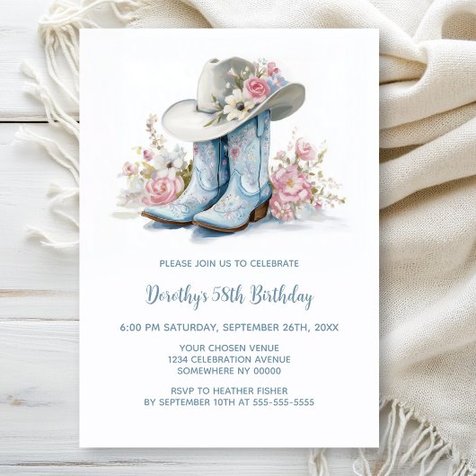 Blue Cowgirl Boots and Hat Birthday Party Kaart