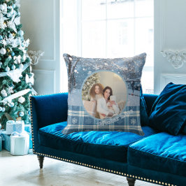 Blue Cozy Plaid Snowy Winter Photo Christmas Kussen