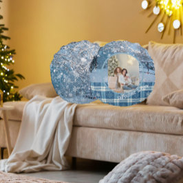 Blue Cozy Plaid Snowy Winter Photo Christmas Rond Kussen