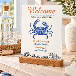 Blue Crab Beach House Wi-Fi Welkom Acryl Bord