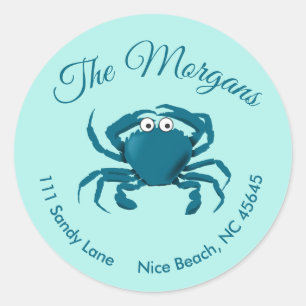 Blue Crab Beach Round Return-adreslabel Ronde Sticker