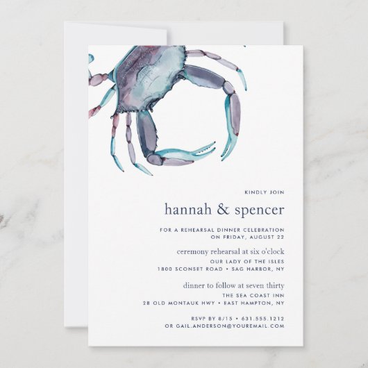 Blue Crab Ceremony Rehearsal Dinner Uitnodiging (Voorkant)