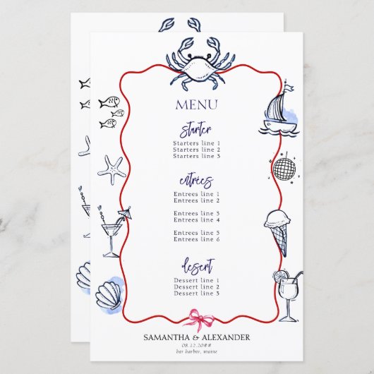Blue Crab Doodle Beach Coastal Wedding Menu (Voorkant / Achterkant)