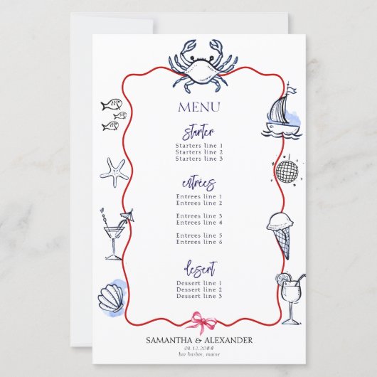 Blue Crab Doodle Beach Coastal Wedding Menu (Voorkant)