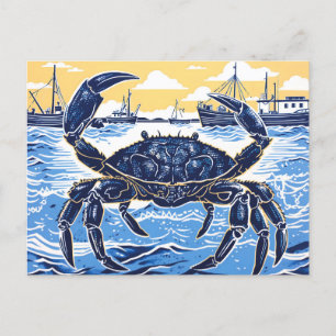 Blue Crab, het Zee, en een Vissende boot in Linocu Briefkaart