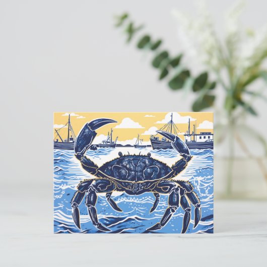 Blue Crab, het Zee, en een Vissende boot in Linocu Briefkaart (Staand voorkant)