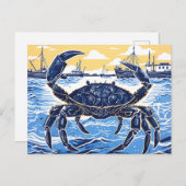 Blue Crab, het Zee, en een Vissende boot in Linocu Briefkaart (Voorkant / Achterkant)